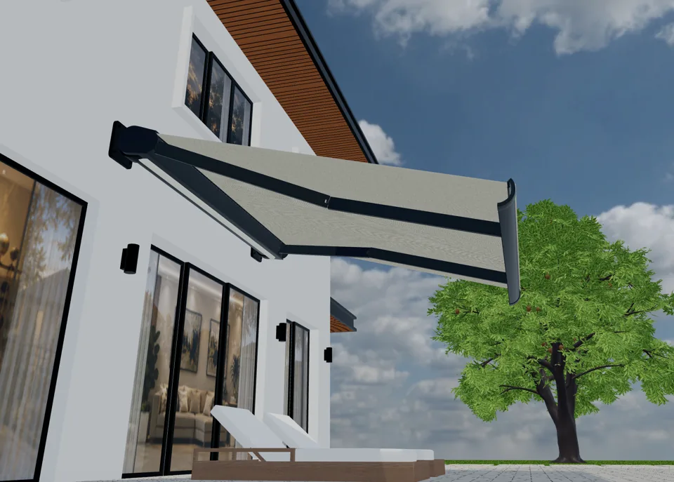 Renderizado 3D de un toldo retráctil con tejido claro y brazos articulados oscuros junto a una vivienda.