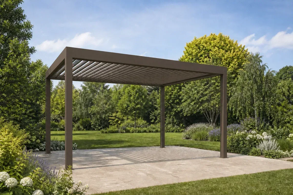 Pérgola de bronce mostrada en una vista previa del producto de jardín