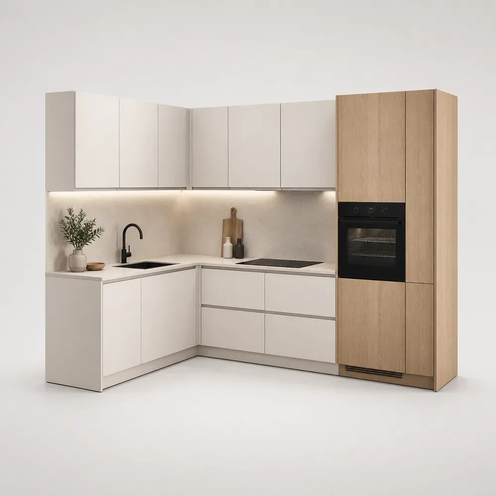 Vista de producto de cocina modular que muestra gabinetes y superficies de trabajo