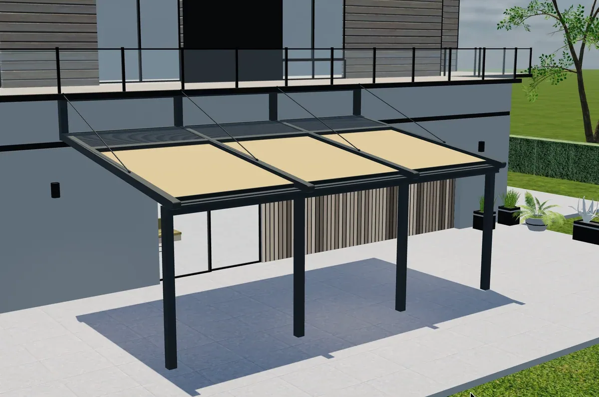 Pérgola adosada Tenteks Italia con techo de tela en vista 3D