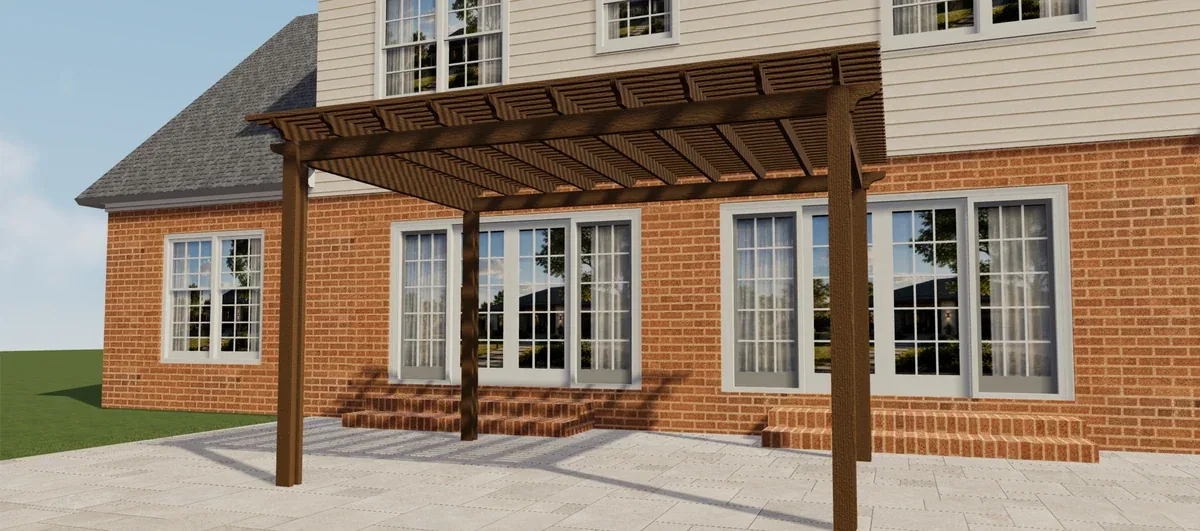 Vista frontal de una pérgola Elite de Aluminio marrón con techo de lamas abierto