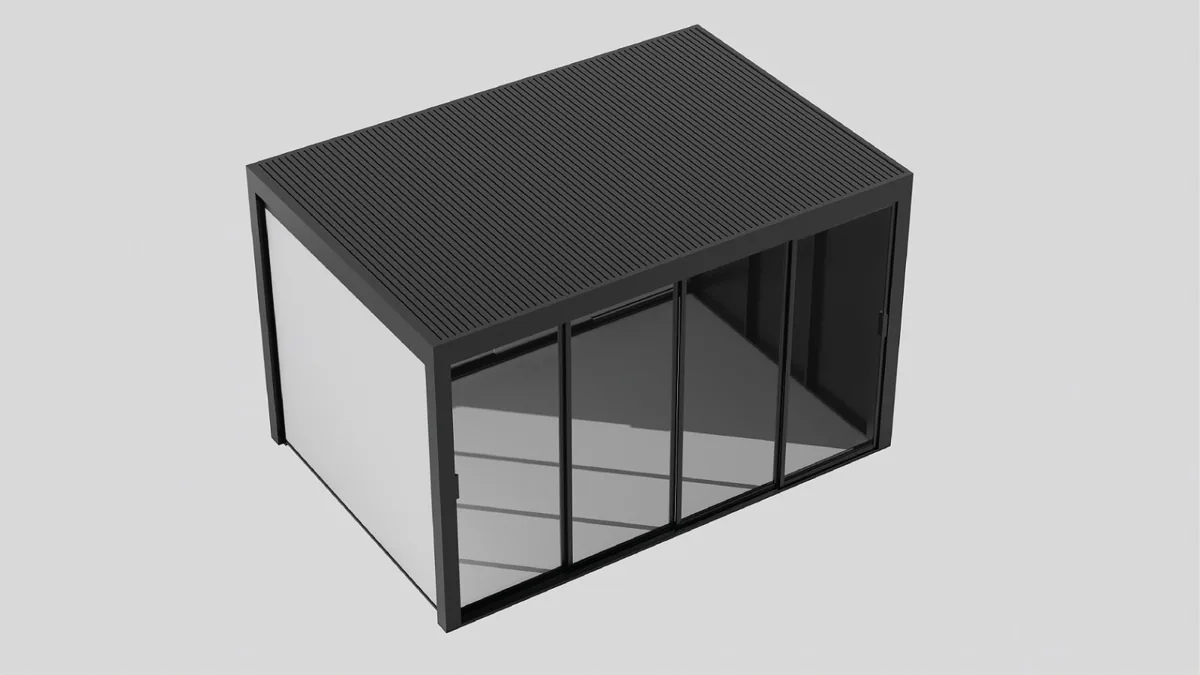 Modelo de pérgola oscura con paneles laterales acristalados y techo macizo en vista 3D