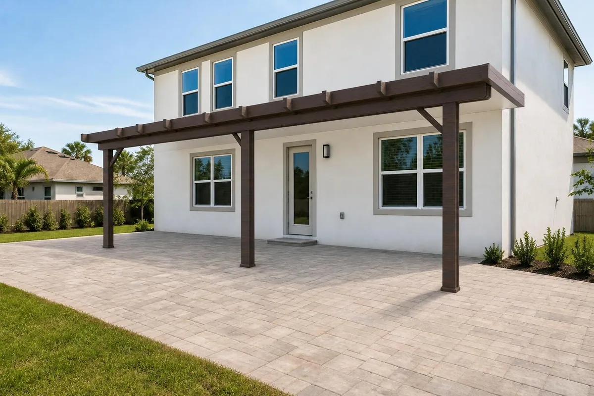 Pérgola estilo madera que da sombra a una terraza pavimentada junto a una casa blanca