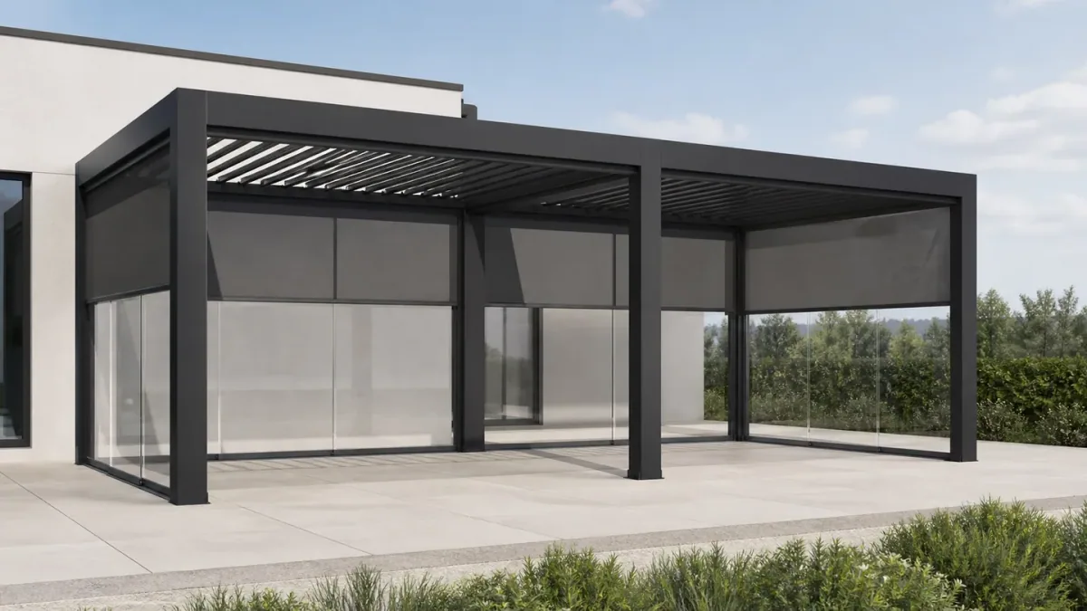 Pérgola multibandera con laterales de cristal vista desde el jardín