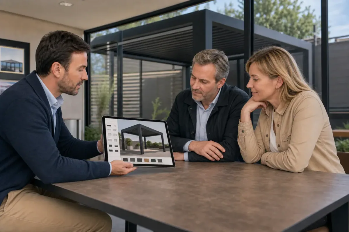 Tres personas revisando el diseño de una pérgola en una tableta en una mesa
