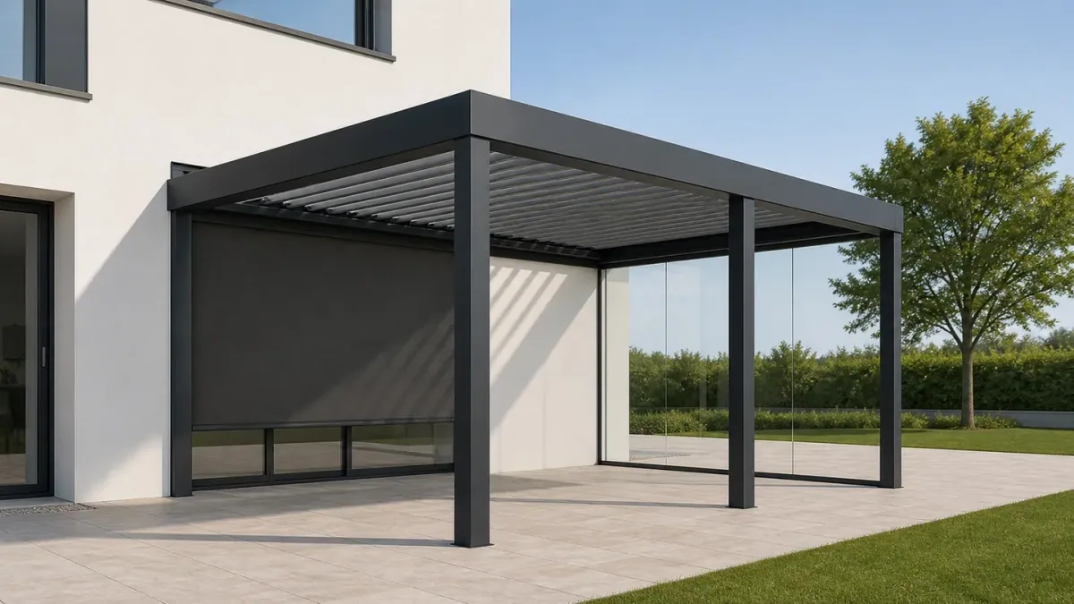 Pérgola antracita con paneles de vidrio y mampara lateral al lado de una casa moderna