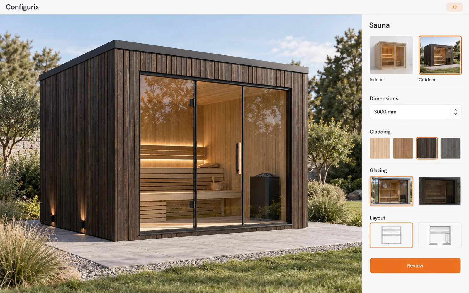 Ilustración de un configurador de saunas exteriores con cabina de madera oscura, modelos interiores y exteriores y revestimientos