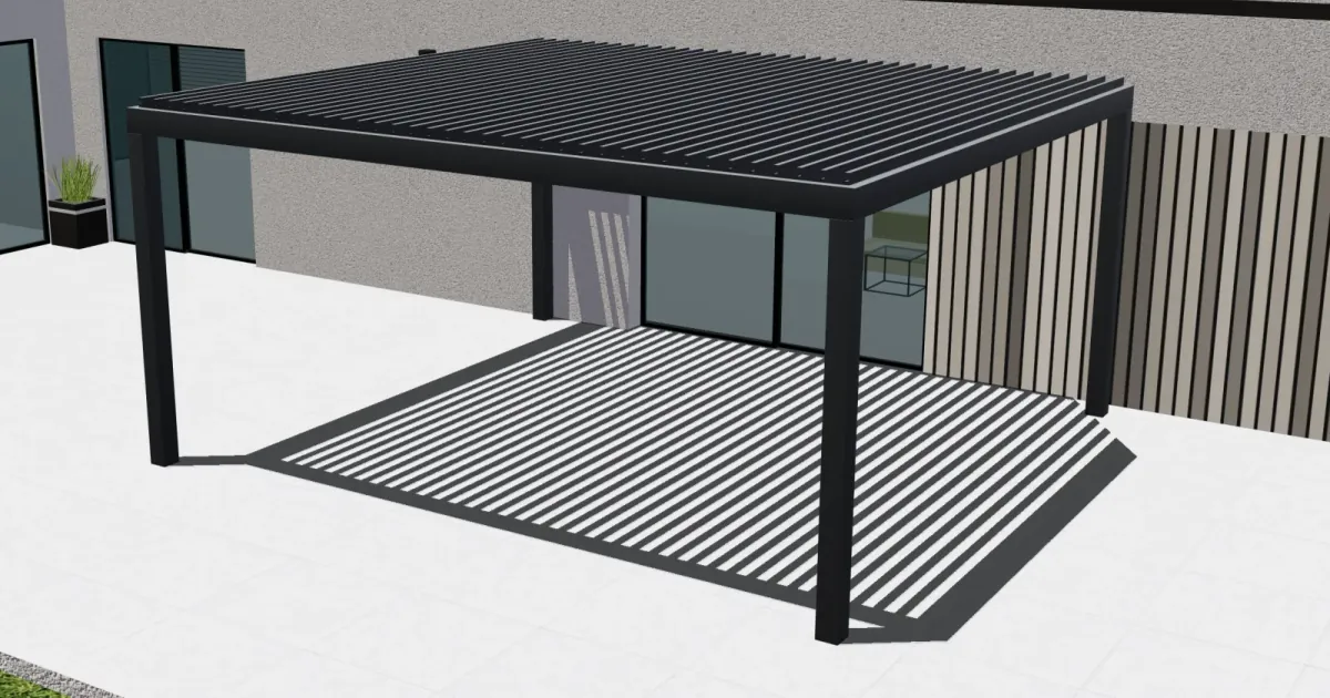 Vista 3D de una pérgola Configurix con estructura antracita y lamas de cubierta abiertas.