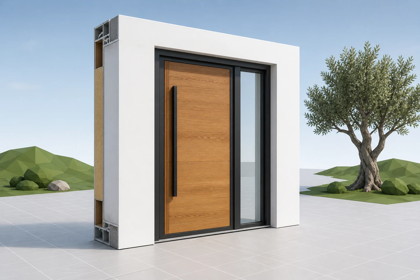 Vista 3D de puerta configurable para explicar Norteamérica: configuradores de productos de construcción, software a medida e implantación.