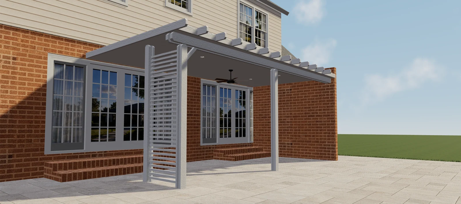 Vista 3D de una pérgola blanca cubierta con panel lateral de lamas, ventilador e iluminación empotrada.