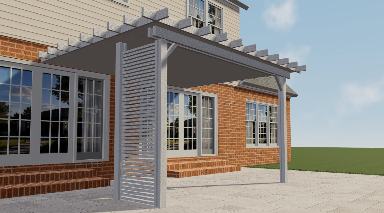 Pérgola blanca de Elite Aluminum con panel lateral de lamas en una vista 3D de Configurix