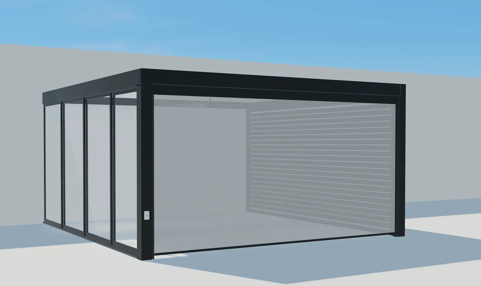 Vista 3D de Pergola Plus con acristalamiento lateral y toldo frontal completamente bajado.