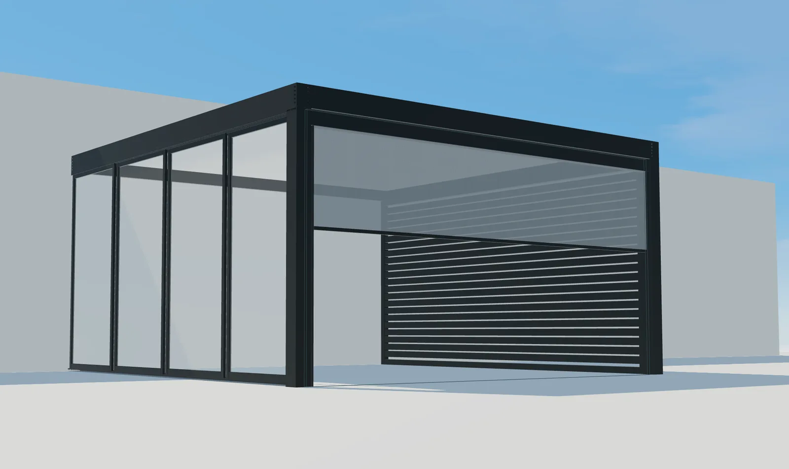 Vista 3D de Pergola Plus con acristalamiento lateral y toldo frontal parcialmente bajado.