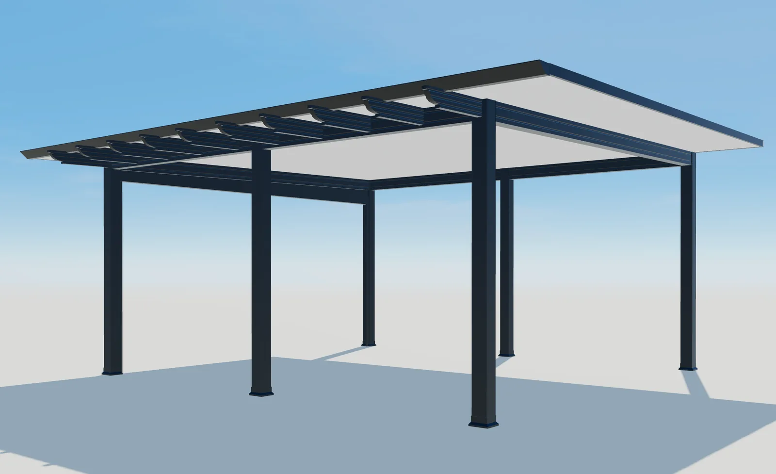 Perspectiva 3D del techo de Pergola Plus con vigas visibles y seis postes.