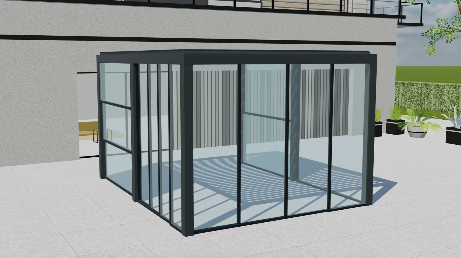 Pérgola de lamas de Tenteks Italia con paneles de vidrio corredero en una vista 3D de Configurix