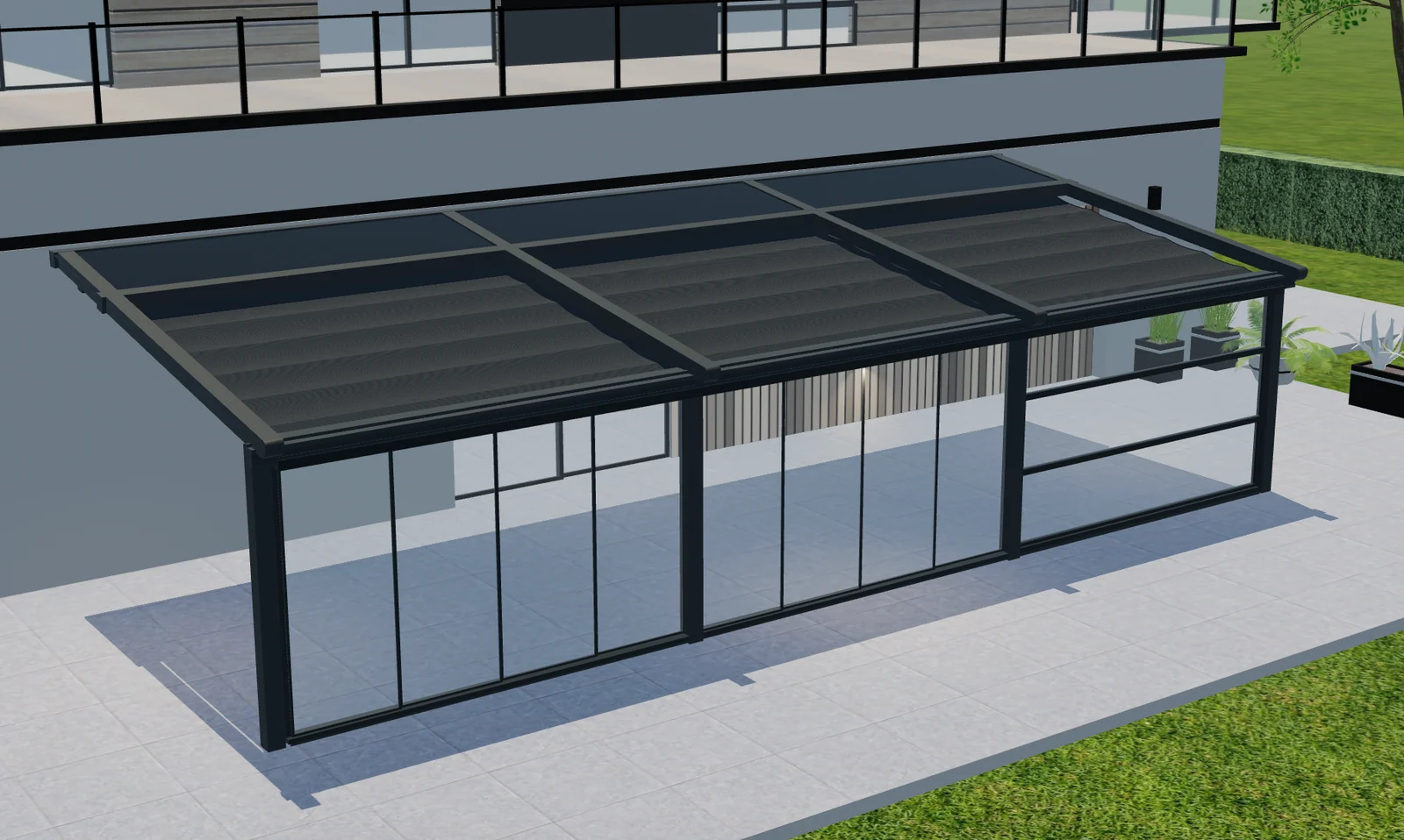 Vista 3D elevada en Configurix de una pérgola Tenteks Italia con varias secciones de cubierta y frente acristalado