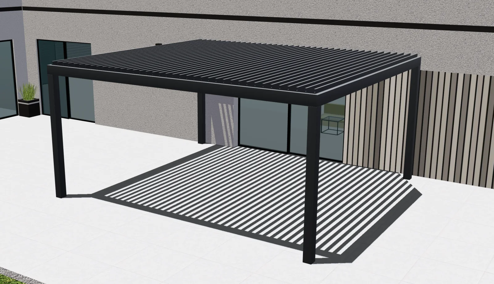 Vista 3D de una pérgola bioclimática con lamas de aluminio abiertas en Configurix