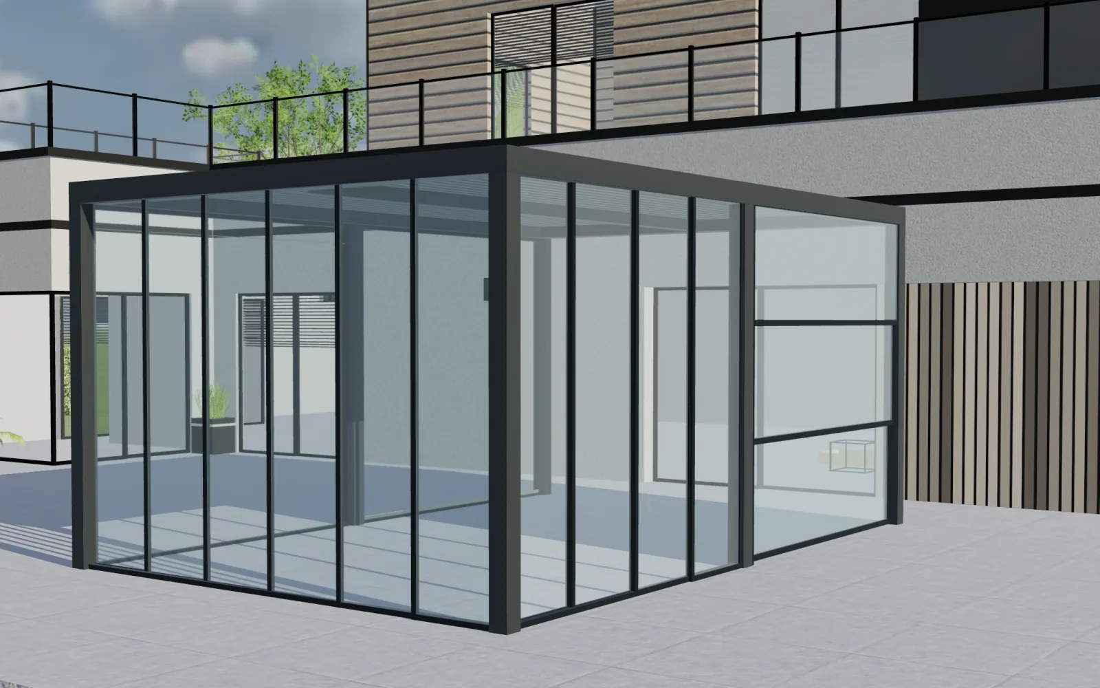 Pérgola independiente antracita con cerramiento de vidrio en Configurix