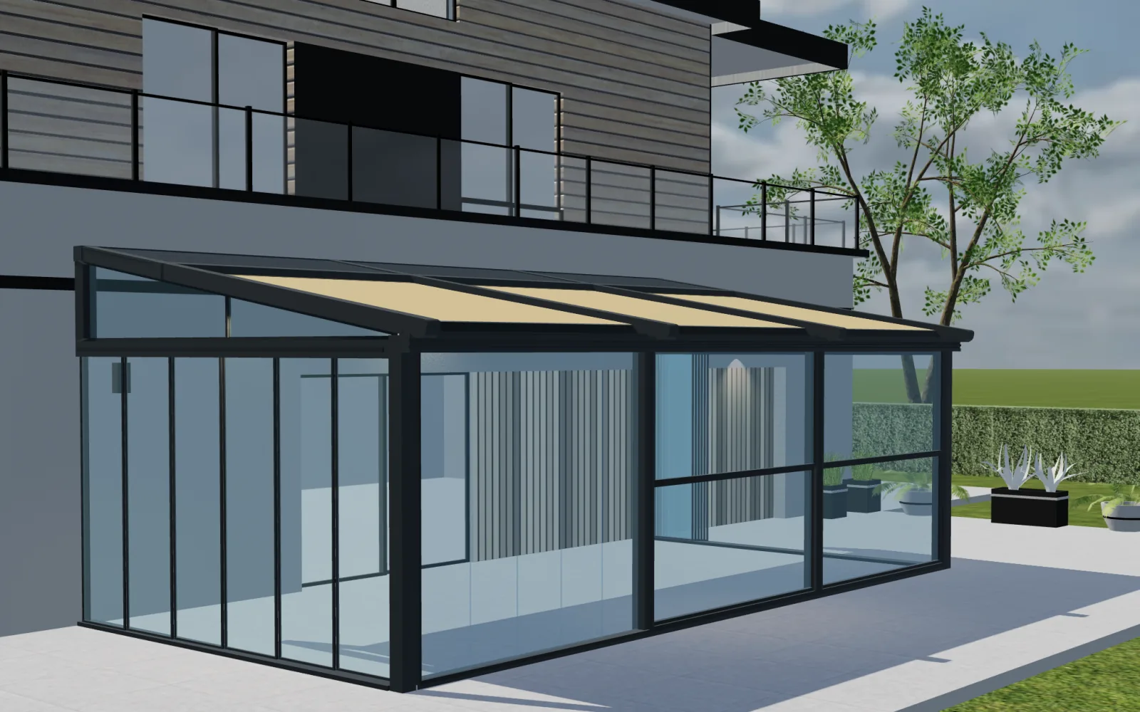 Configurix Vista previa del producto en 3D de una pérgola adosada a la pared con techo de tela retráctil y laterales de vidrio