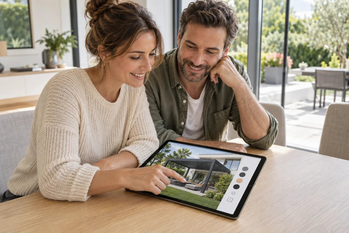 Escena ilustrativa de clientes satisfechos eligiendo su pérgola online con un configurador 3D interactivo en una tableta.