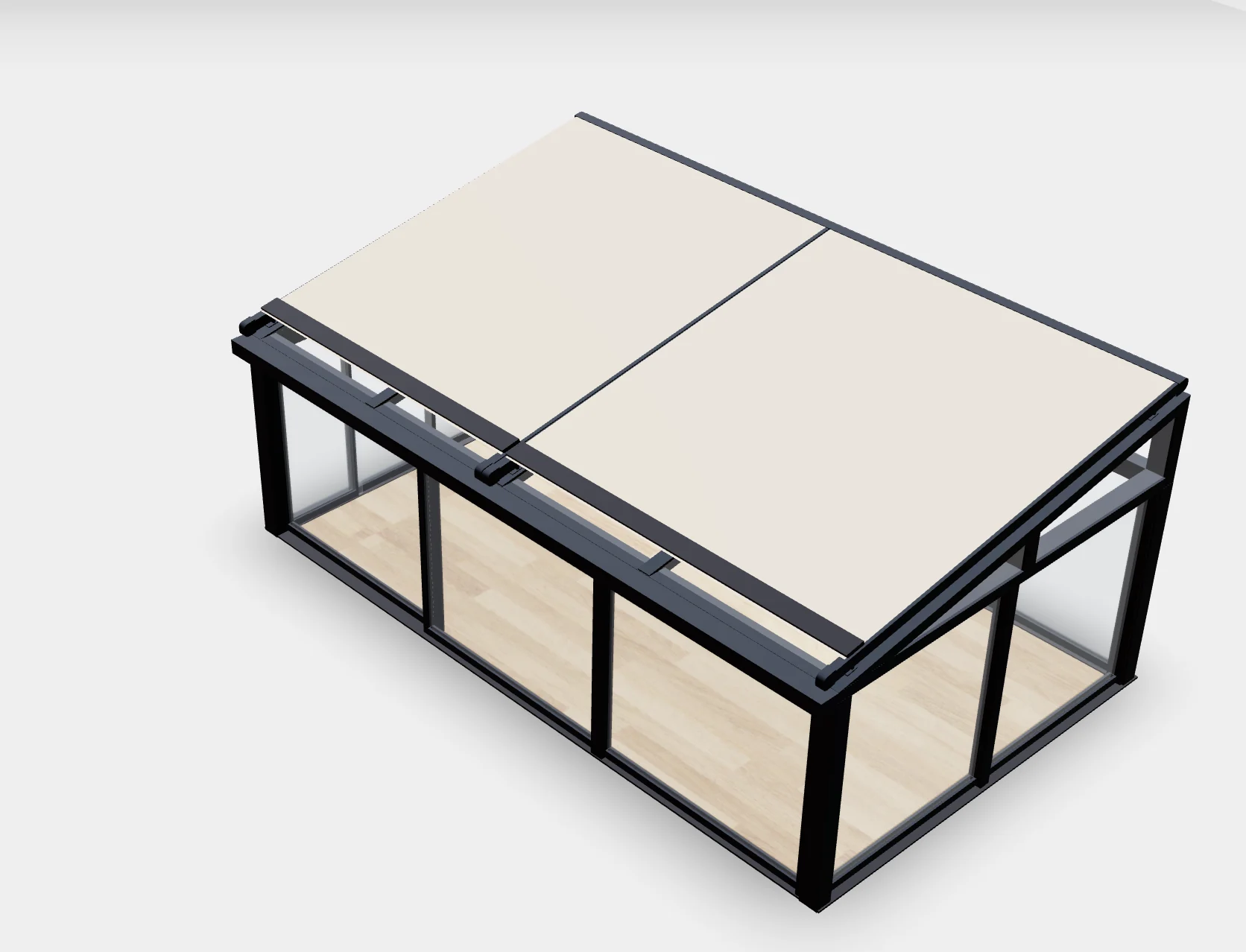Vista 3D de una veranda a medida con paneles de cubierta enmarcados y cerramientos correderos de vidrio.